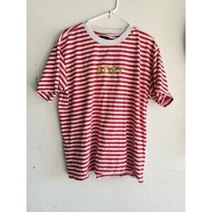 Obey Worldwide Men's Red/White Stripe Short Sleeve Shirt Green Embroidery Large